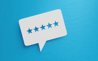 White chat bubble with cut out star shapes over blue background. Easy to crop for all your social media and print sizes with copy space. Great use for feedback concepts.